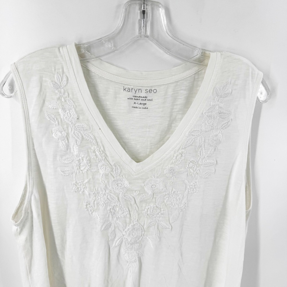 Karyn‎ Seo Womens XL White Cotton Slub Embroidered V-Neck Sleeveless Tank Top - Picture 3 of 7